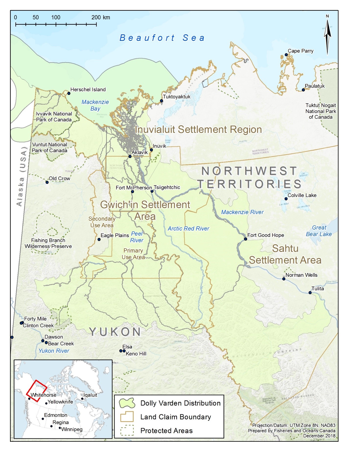 Map showing the distribution of Dolly Varden which is mostly in the Yukon, but also parts of western Northwest Territories and Alaska.