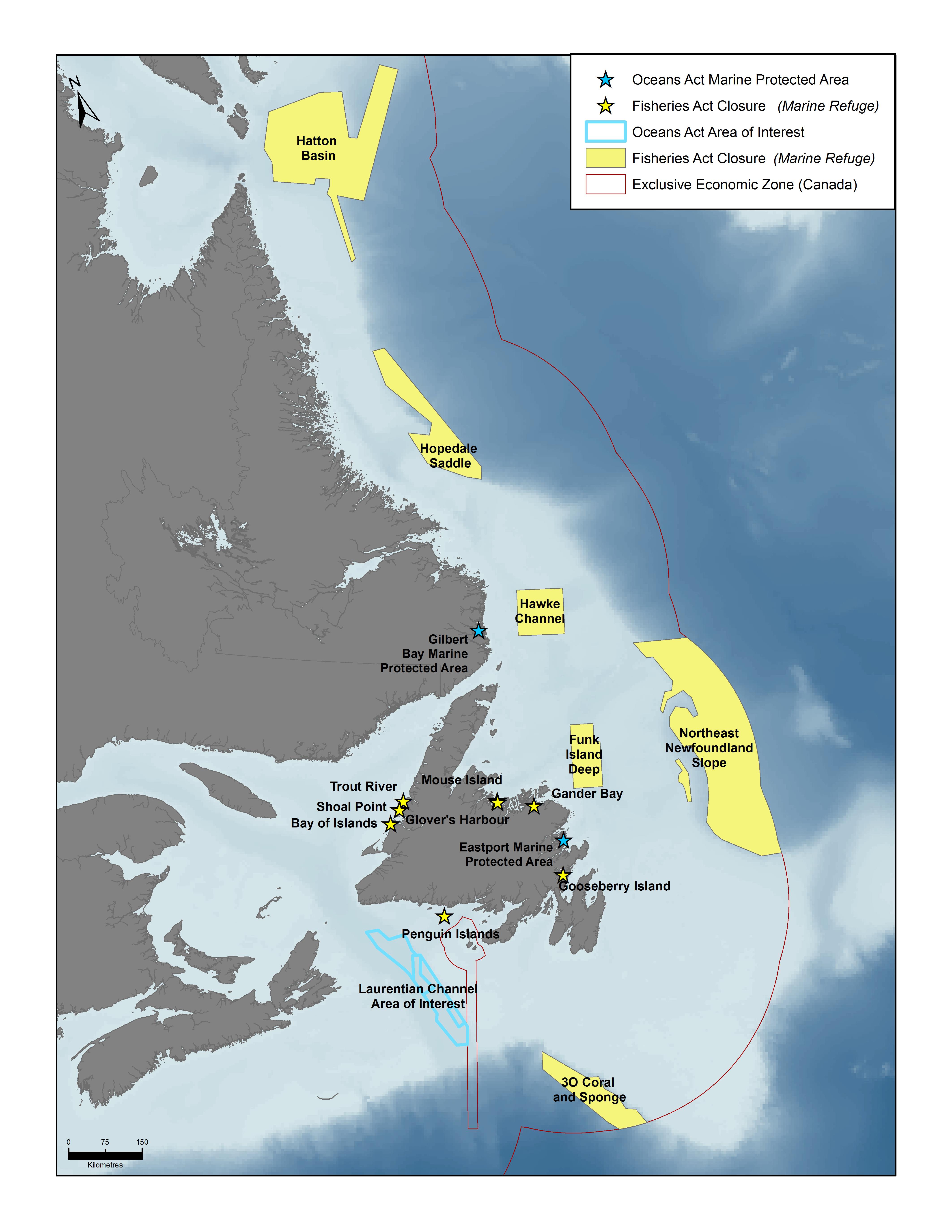 Map of Refuges, Marine Protected Areas, and Area of Interest in the Newfoundland and Labrador Region
