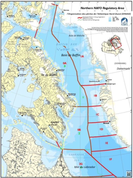 Carte illustrant les sous-secteurs et divisions de l’Organisation des pêches de l’Atlantique Nord-Ouest