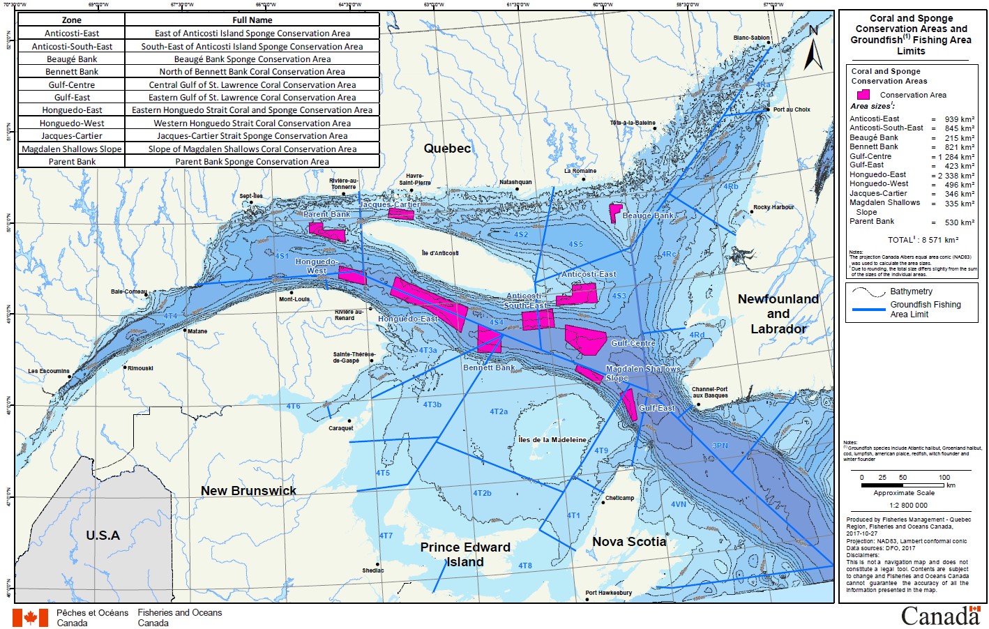 Map of Coral and sponge conservation areas and groundfish fishing area limits