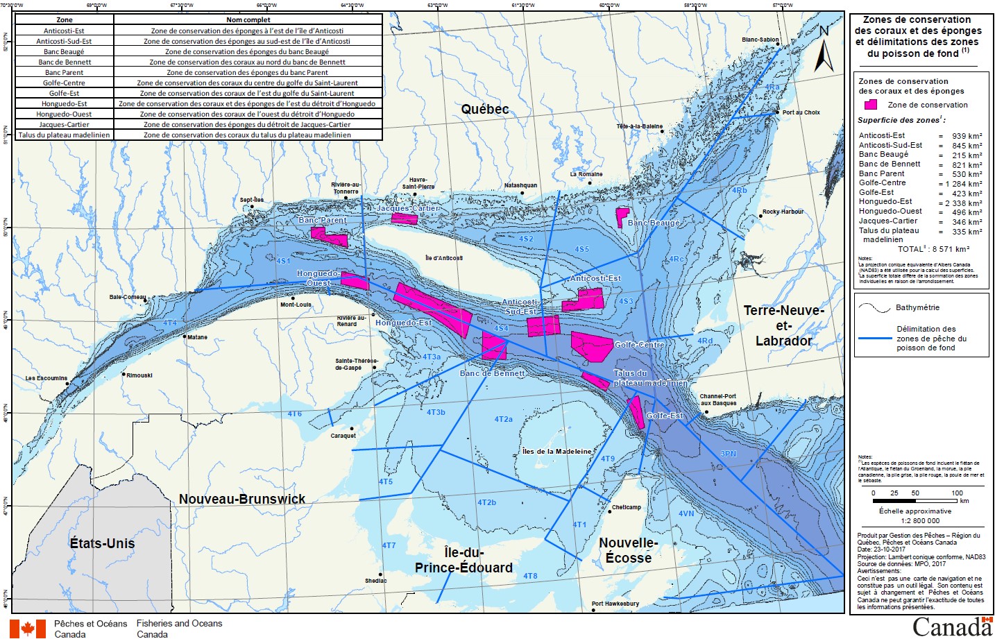 Carte des Zones de conservation des coraux et des éponges et délimitations des zones du poisson de fond