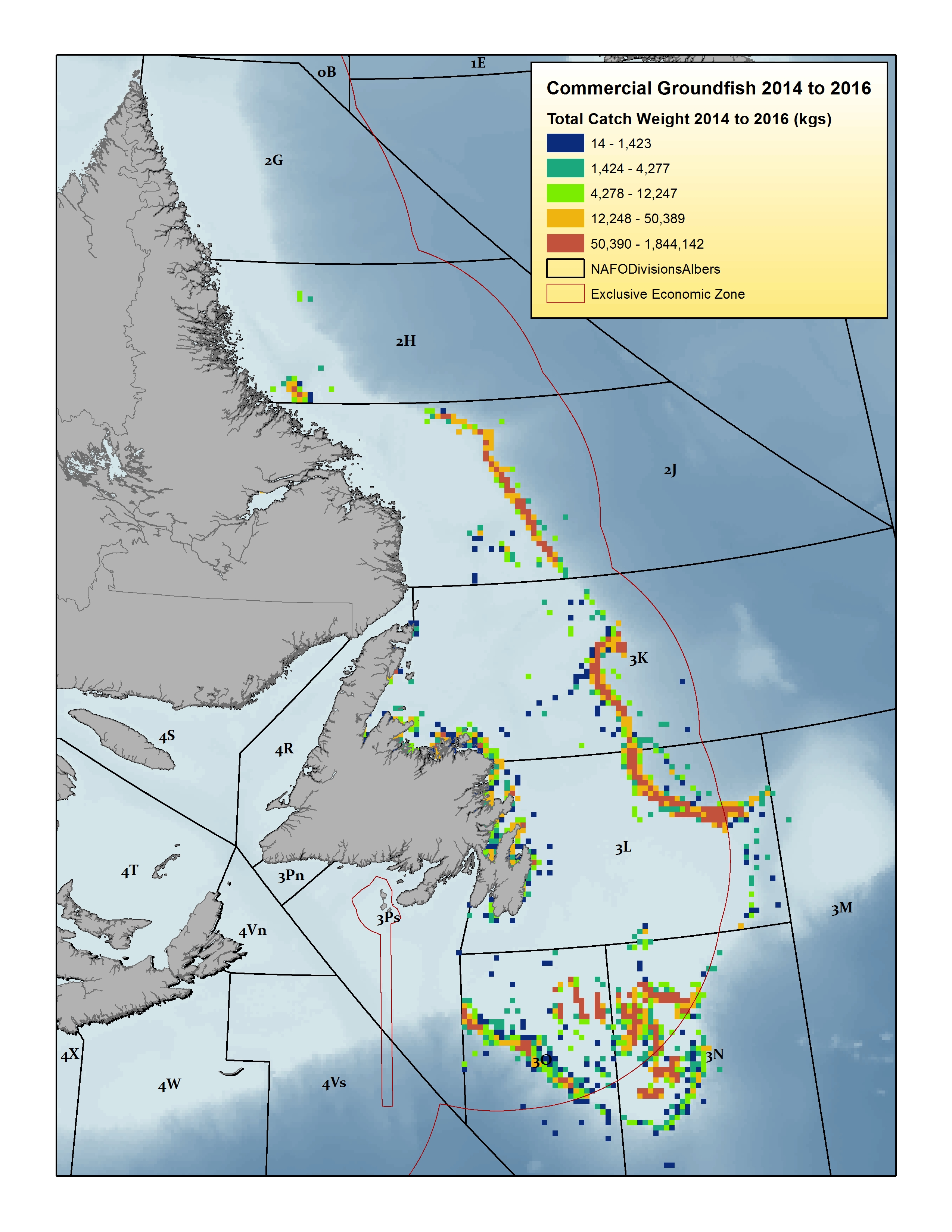 Carte illustrant la répartition du poids des prises de poissons de fond dans la sous-zone 2 et les divisions 3KLMNO de l’OPANO pour la période de 2014 à 2016