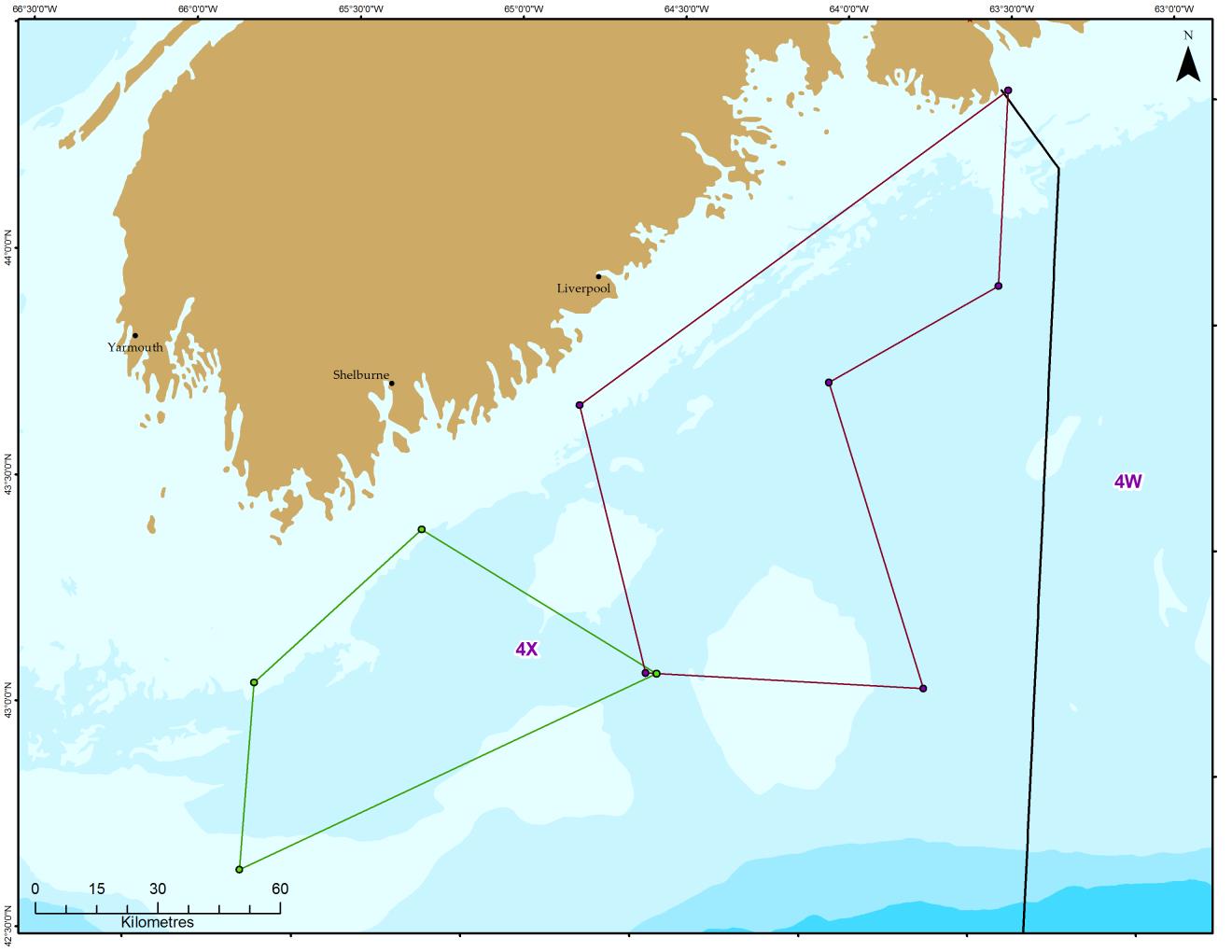 Carte des fermetures de la pêche au moyen d'engins à petit maillage dans la division 4X afin de réduire les prises de sébastes de taille non réglementaire