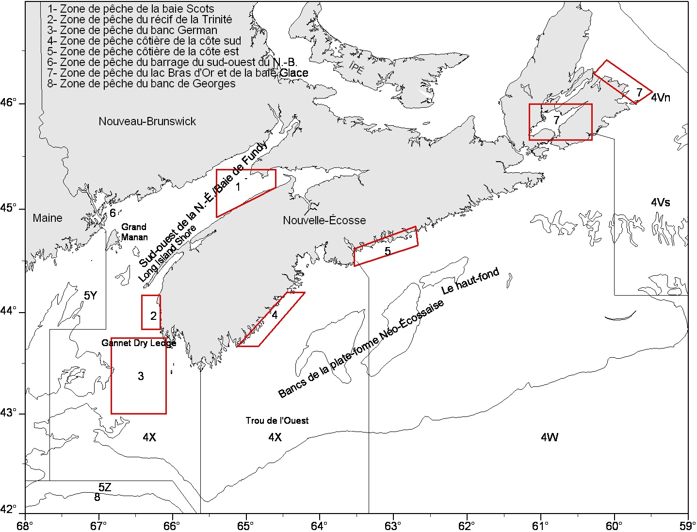 Carte indiquant les noms de lieux et lieux de pêche dans la région des Maritimes