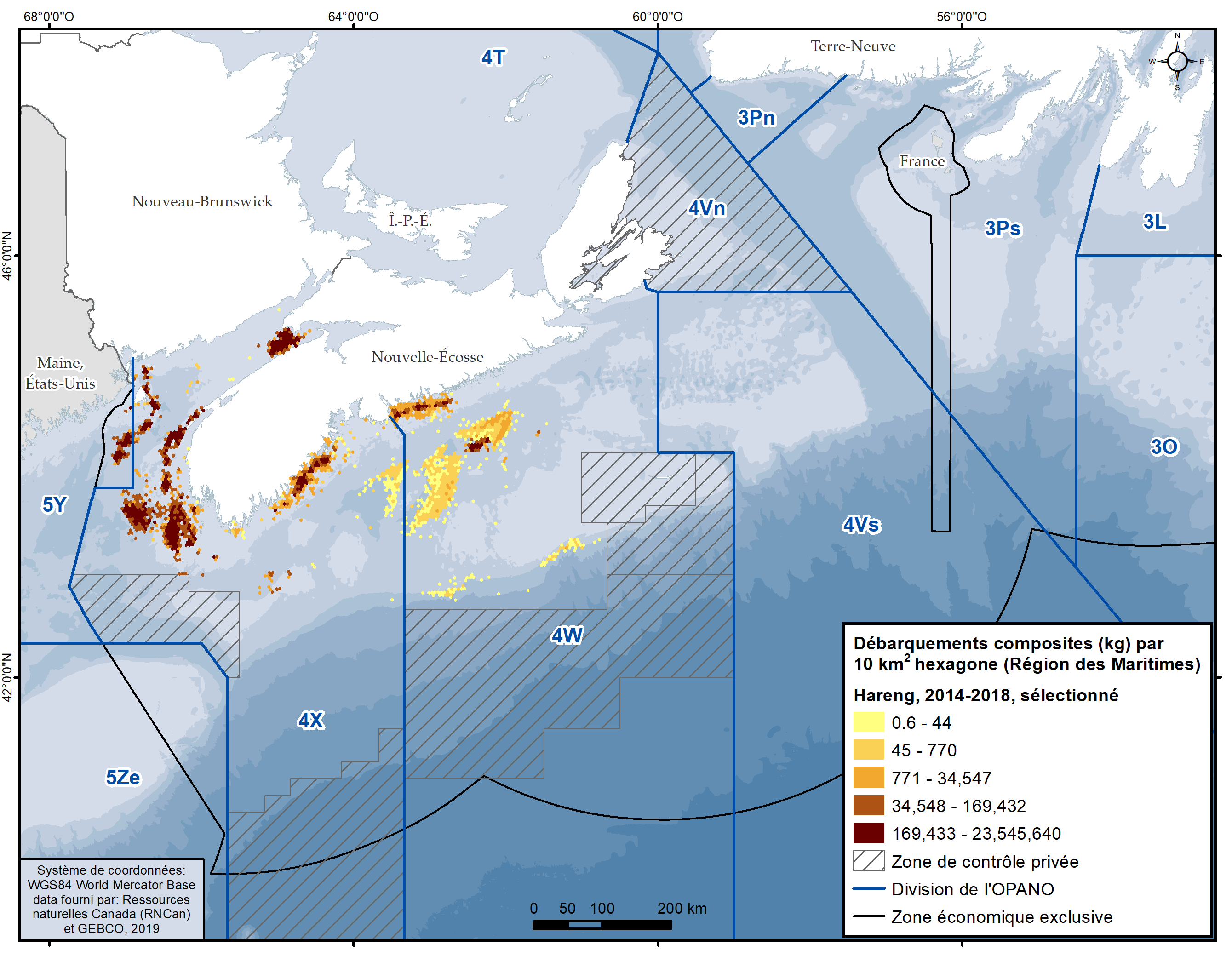 Carte illustrant les débarquements composites de 2010-2014 dans les zones de pêche du hareng 