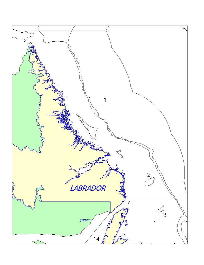 Carte des zones de pêche du hareng autour de Terre-Neuve-et-Labrador