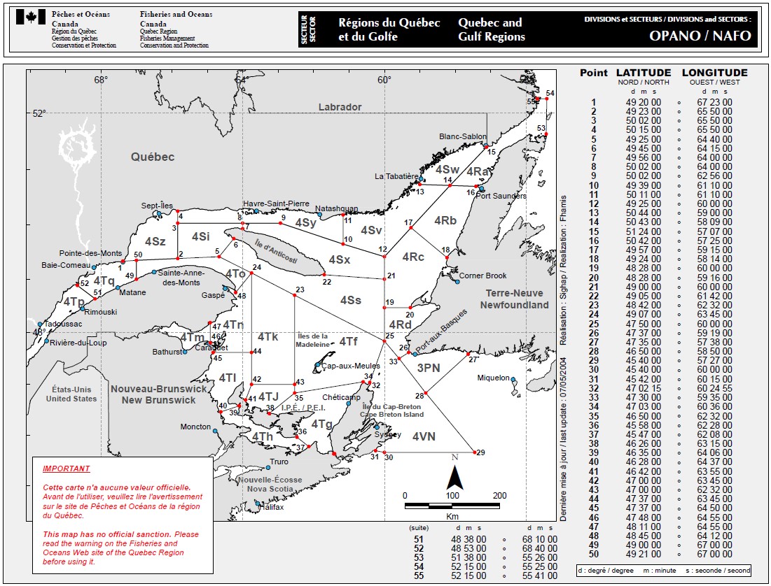 Carte identifiant les régions du Québec et du Golfe