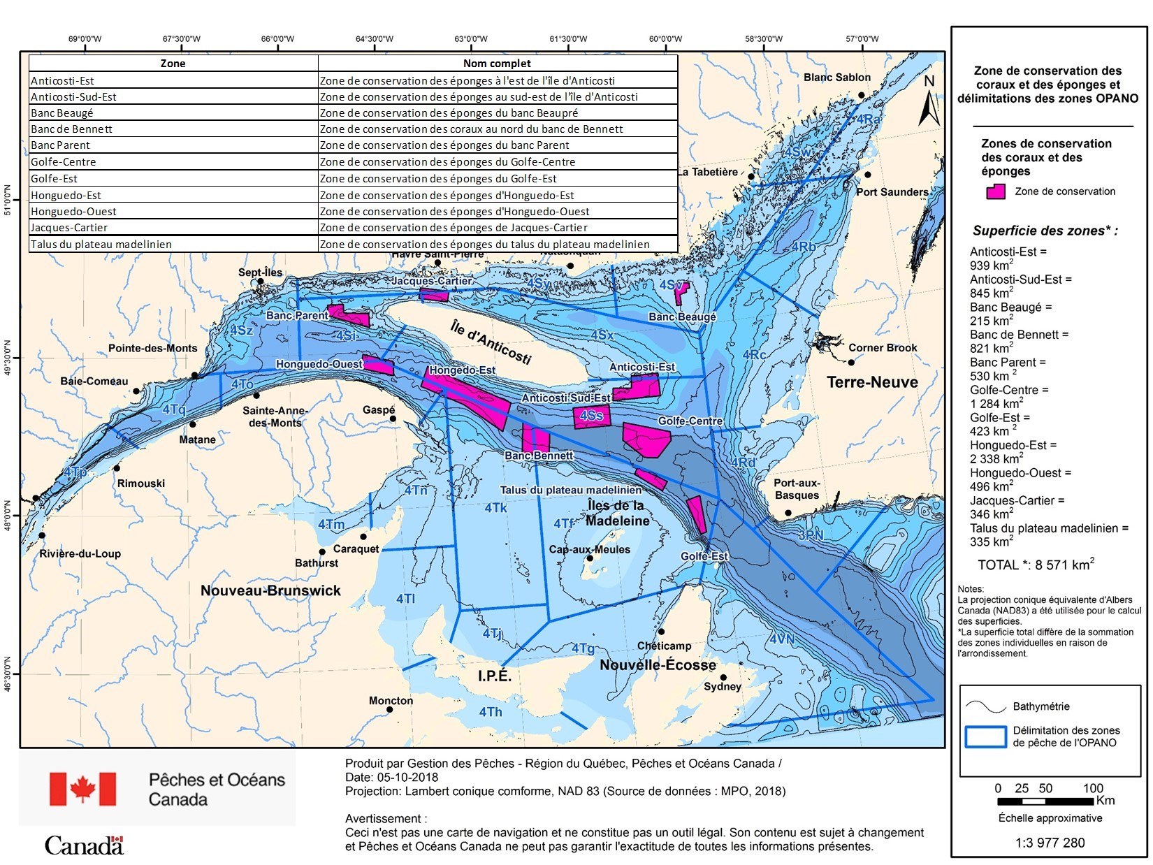 Carte identifiant les zones de conservation des coraux et des éponges