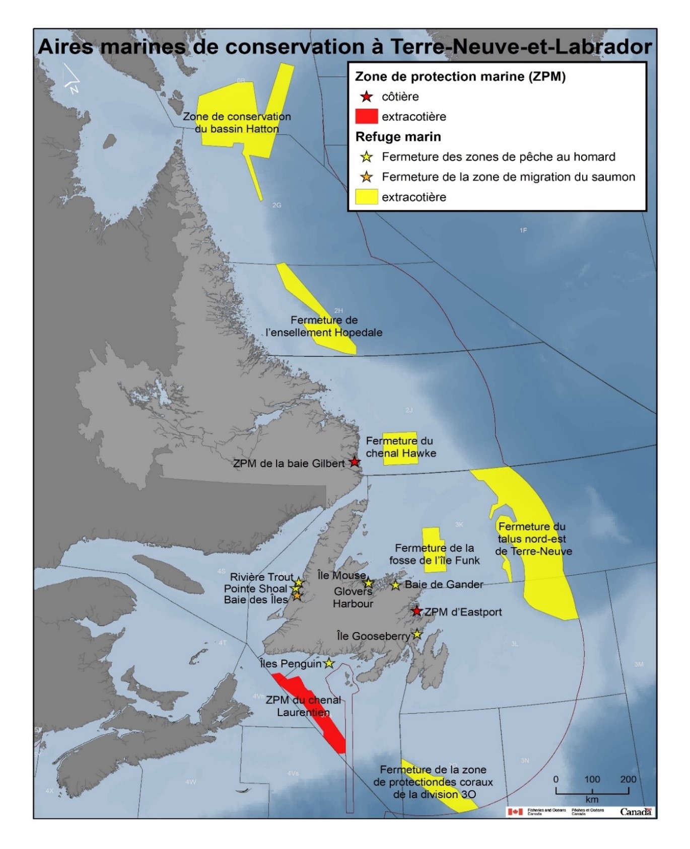 Carte des aires marines de conservation dans la région de Terre-Neuve-et-Labrador