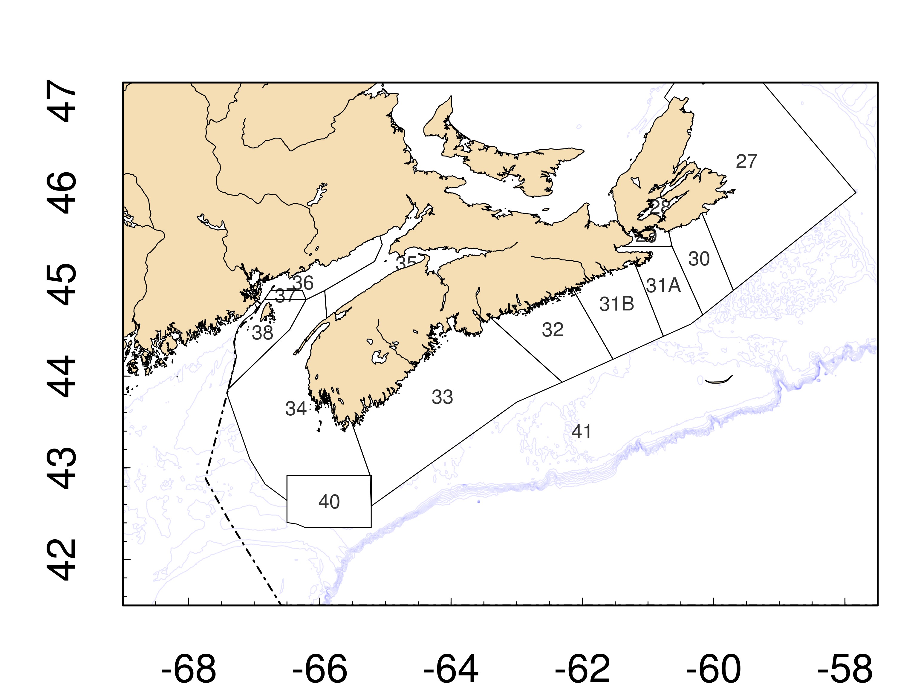 Carte illustrant le lieu de la zone de pêche du homard 41 et d’autres zones de pêche du homard dans la région des Maritimes