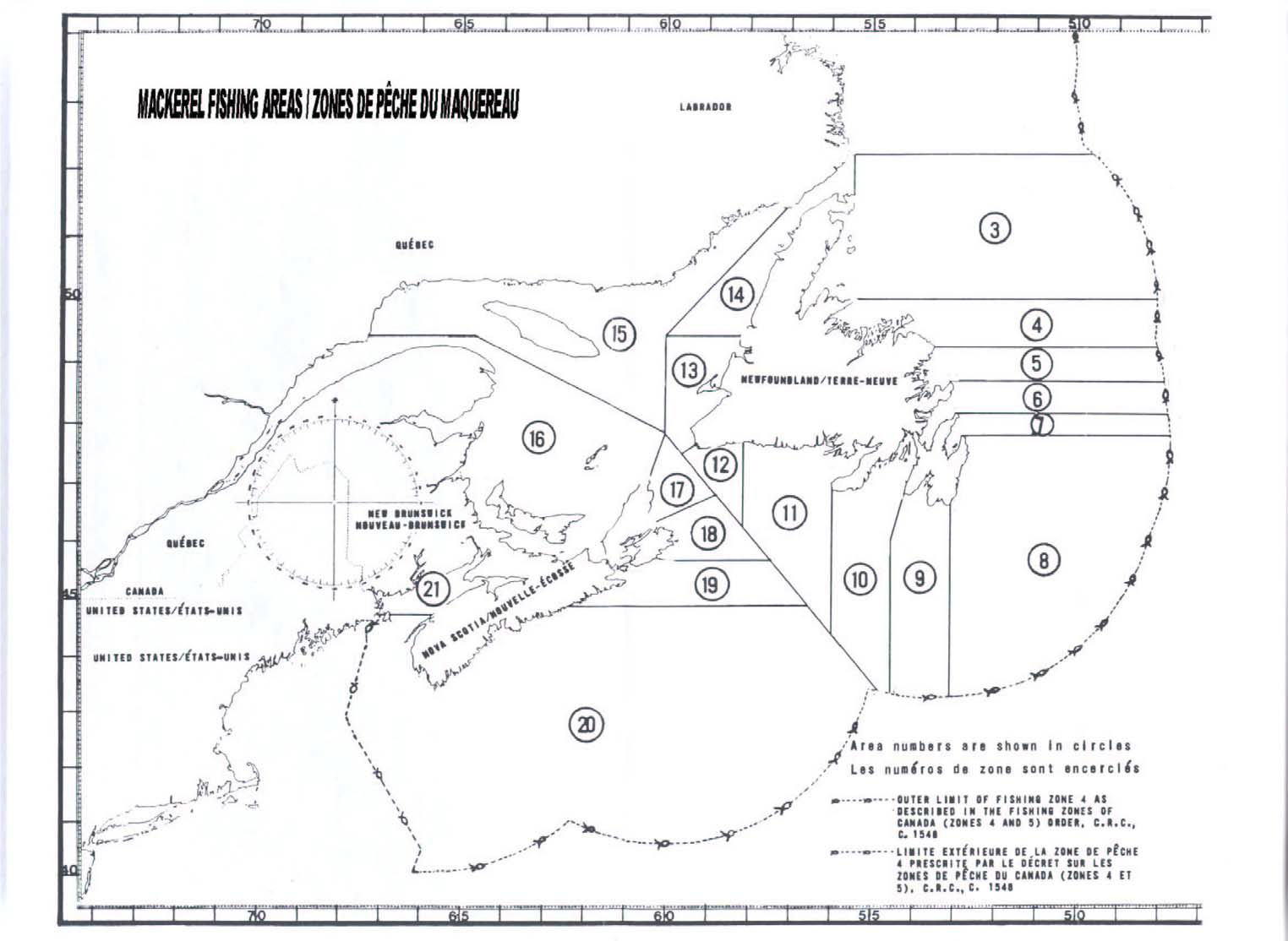 Outlines the boundaries for the mackerel fishing areas on Canada’s east coast.