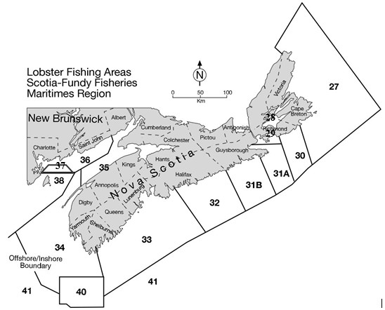 Map of Lobster Fishing Areas in Maritimes Region