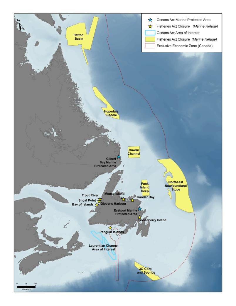 Map of Marine Protected Areas (MPAs) and marine refuges in the Newfoundland and Labrador and Gulf of St. Lawrence Bioregion