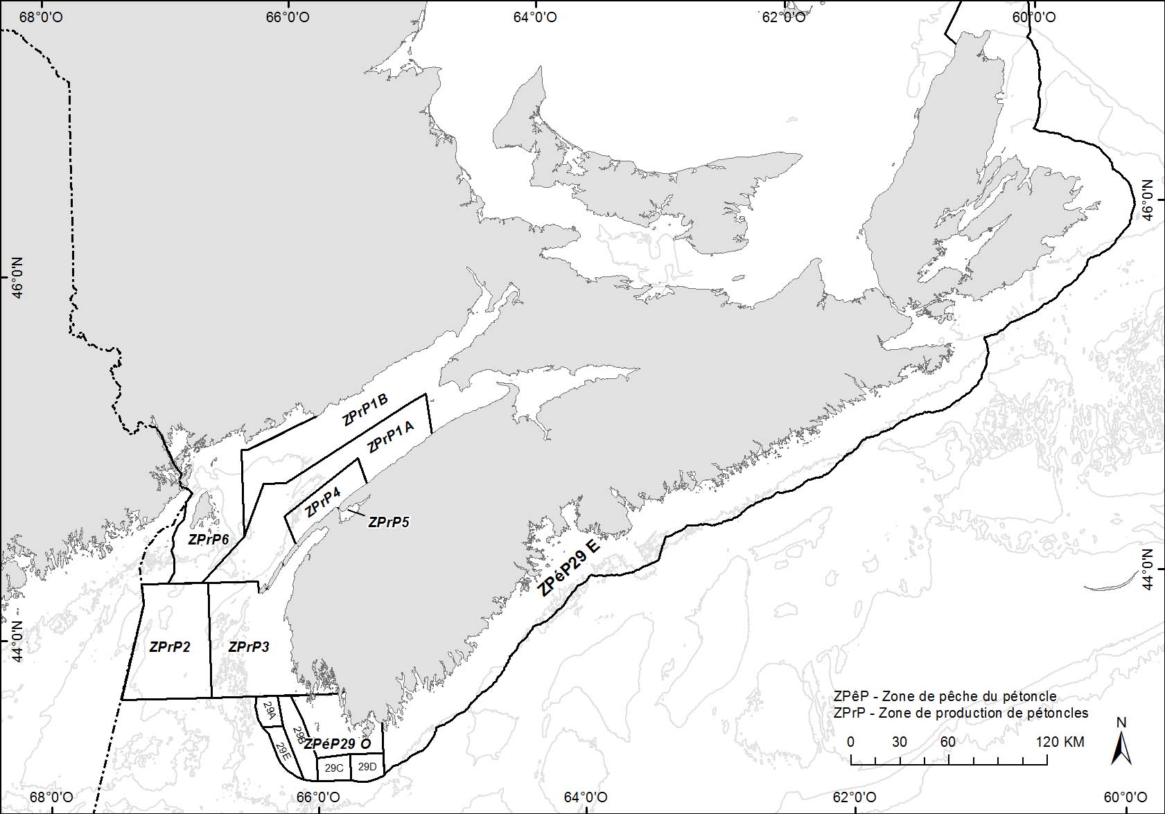 Cartes des zones de gestion de la pêche côtière du pétoncle