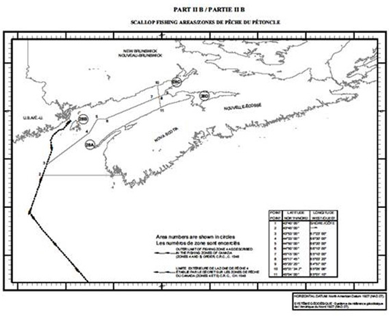 Carte de la zone de pêche du pétoncle du Règlement de pêche de l'Atlantique (1985)Partie II : Carte de la zone de pêche du pétoncle