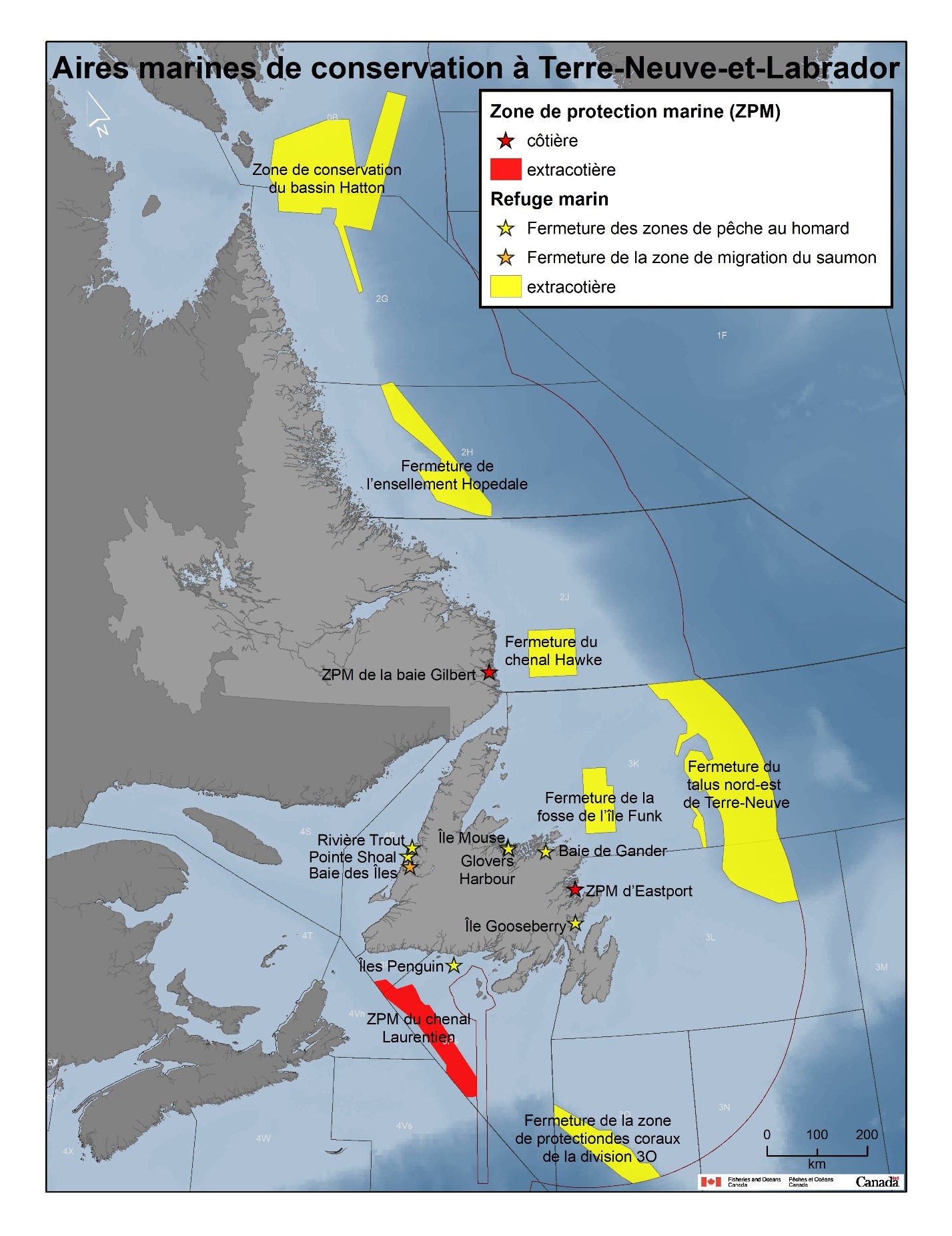 Carte des refuges marins et des zones de protection marines dans la région de Terre-Neuve et du Labrador. 