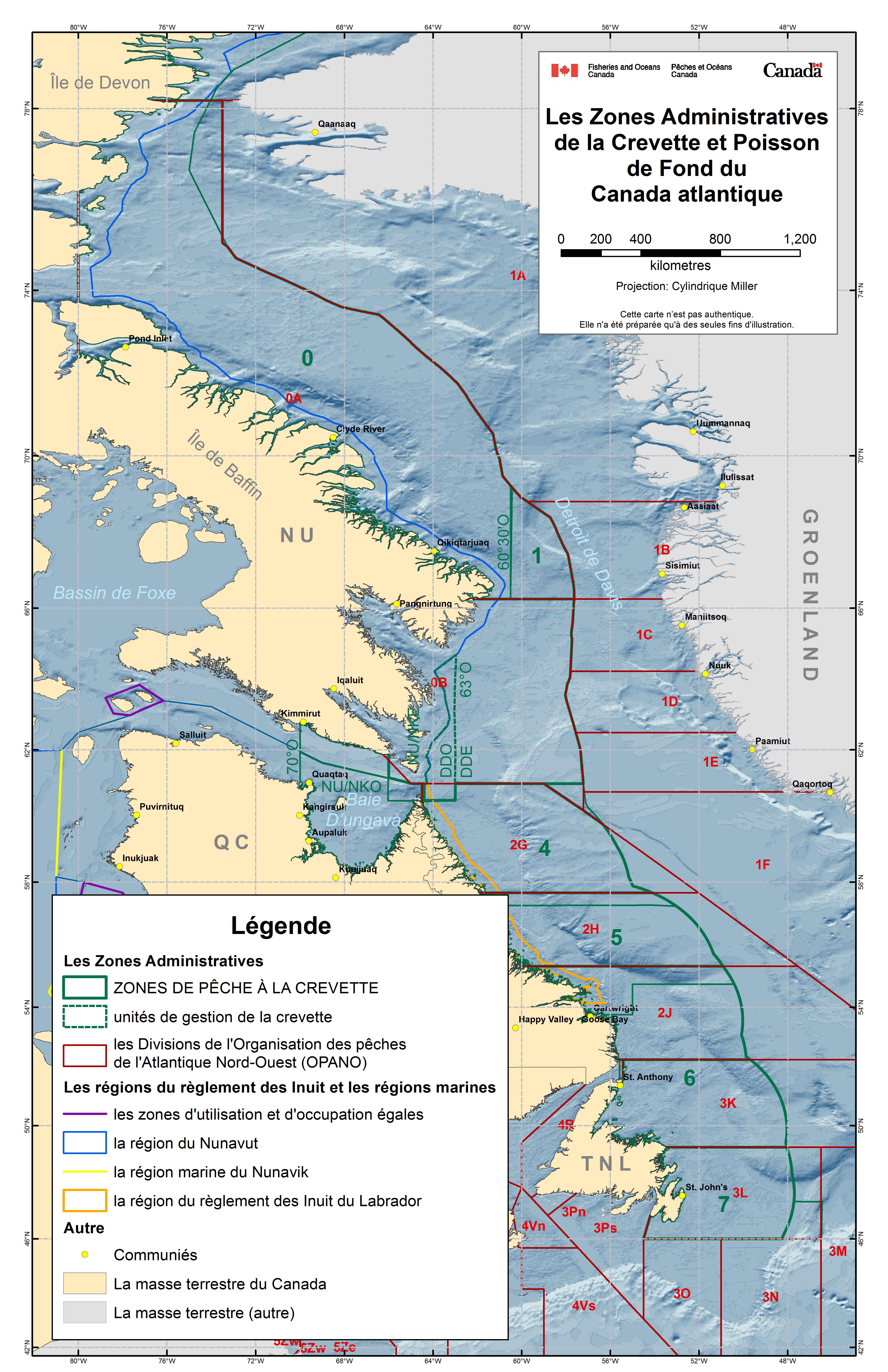 Carte des zones administratives de poissons de fond et de crevettes du Canada atlantique