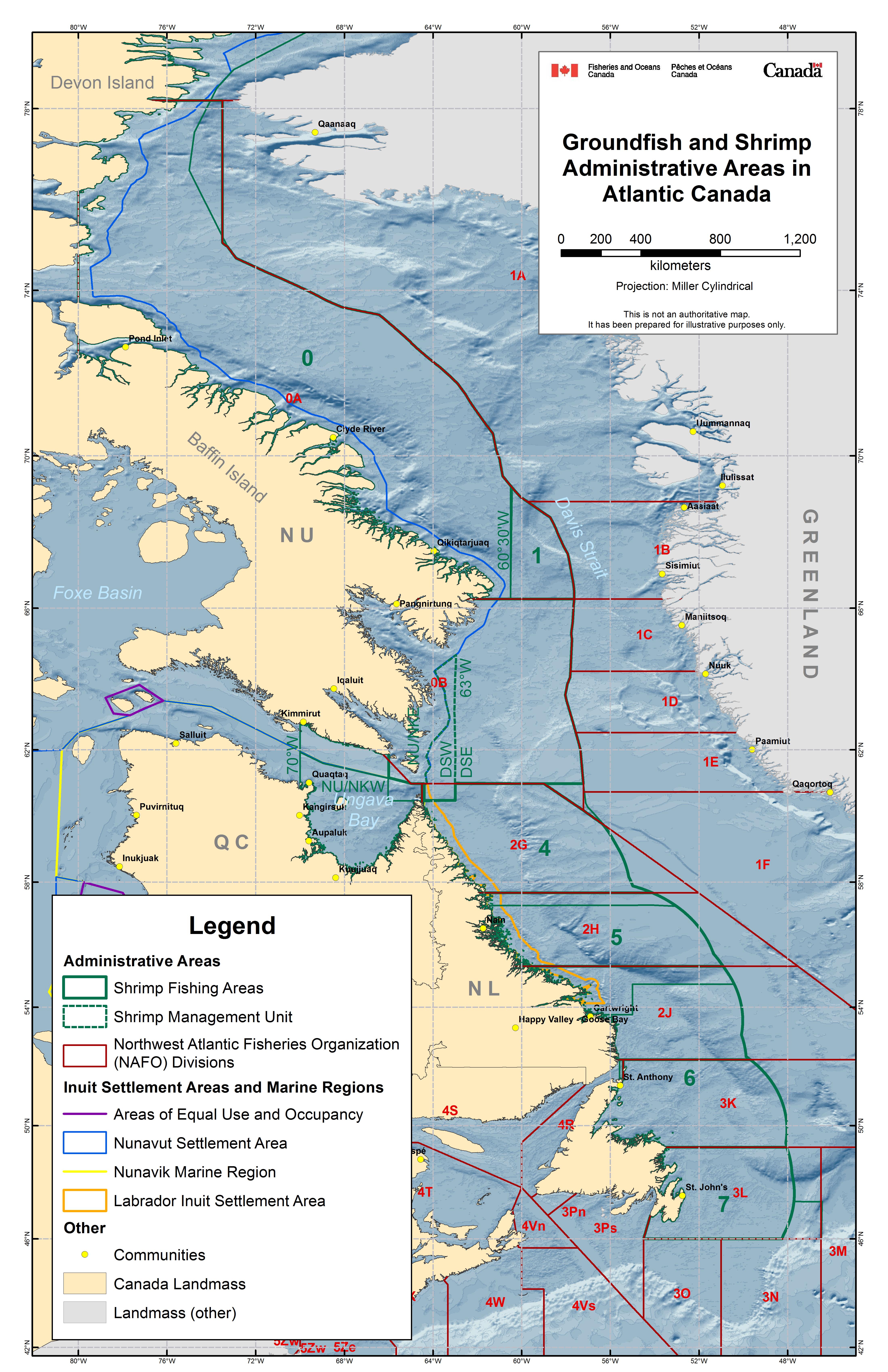 Map of groundfish and shrimp administrative areas in Atlantic Canada