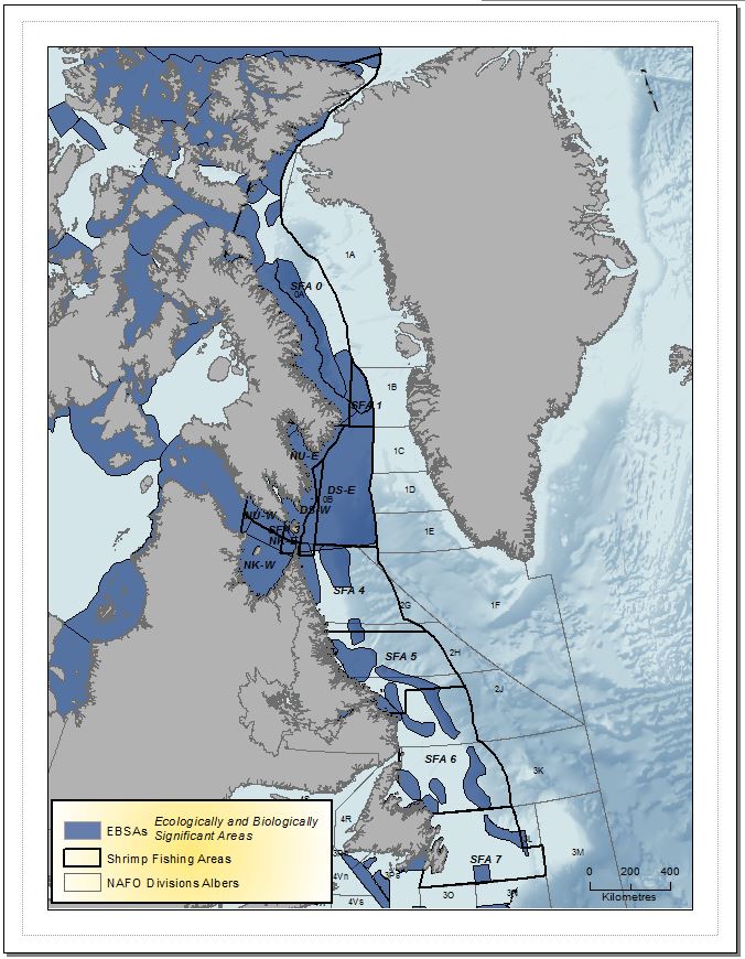 Map of Ecologically and Biologically Significant Areas (in blue) within range of the Northern shrimp fishery