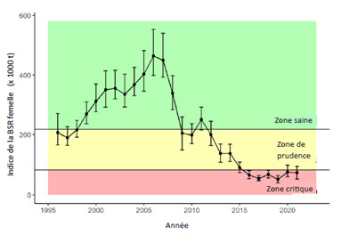 Un graphique linéaire montrant la trajectoire de l’indice de la biomasse féminine dans la ZPC 6 dans le cadre de l’AP de 1995 à 2020.