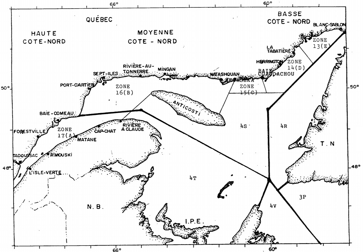 Illustration of inshore snow crab fishing areas A to E (13 to 17 since 1986) and NAFO areas (4RST) between 1983 and 1986.