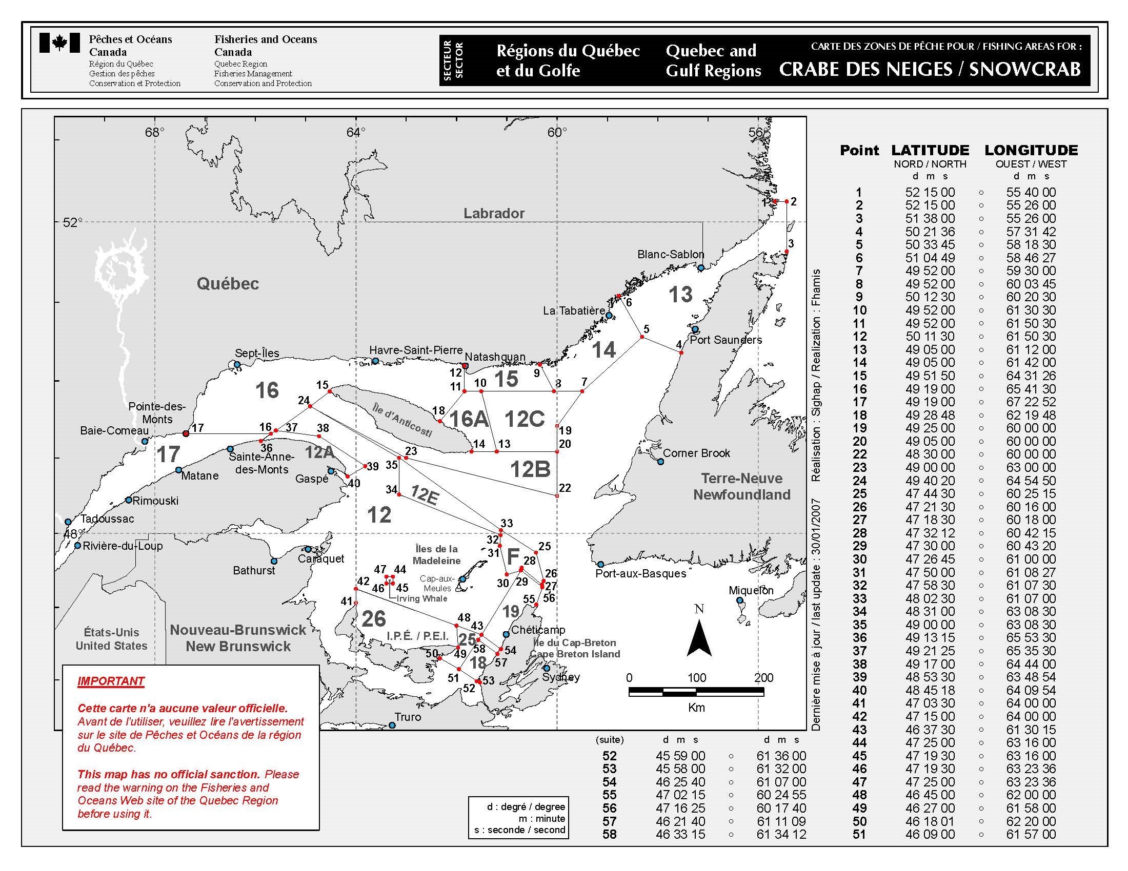Illustration des zones de pêche au crabe des neiges dans l’estuaire et le golfe du Saint-Laurent depuis 2014