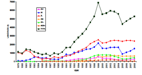 Figure 2: Trends in landings by NAFO Division and in total