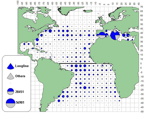Figure of Geographical distribution of swordfish catch (t)by gear in the Atlantic and adjacent seas, 2000-2008