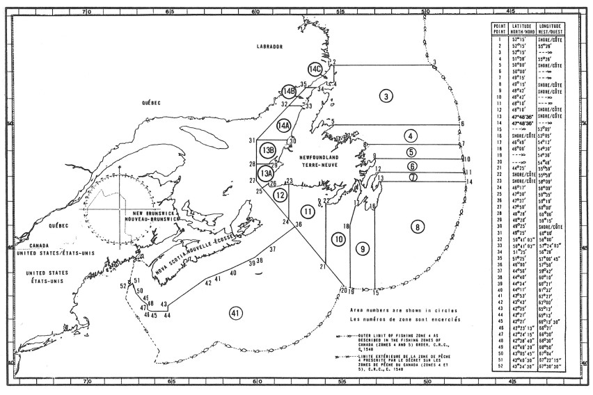 Carte illustrant les zones de pêche du homard
