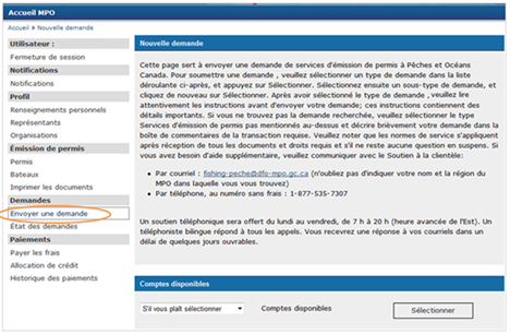 Cette image présente l'écran « Nouvelle demande », dans lequel l'hyperlien « Soumission d'une demande » est encerclé d'un trait orange