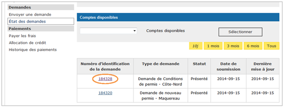 Cette image présente l'écran « État des demandes », dans lequel le numéro d'identification de la demande est encerclé d'un trait orange