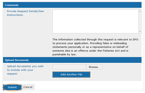 This is an image of the Request Status screen, where the Submit button is circled in orange