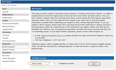 This is an image of New Request screen, where the Please Select dropdown and the Select button are circled in orange