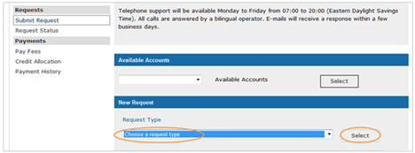 This is an image of the New Request screen, where the Request type and Select button are circled in orange