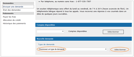 Cette image présente l'écran « Nouvelle demande », dans lequel les boutons « Type de demande » et « Sélectionner » sont encerclés d'un trait orange