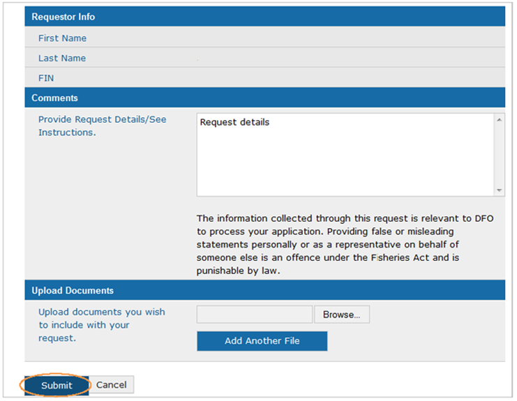 This is an image of the New Request screen, where the Submit button is circled in orange
