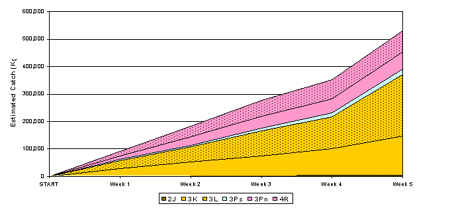 Estimated cumulative weekly catches by NAFO Division