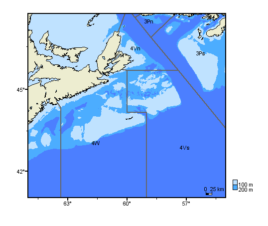 Fig. 1. Subdivisions 4Vn, 4Vs et division 4W de l'OPANO