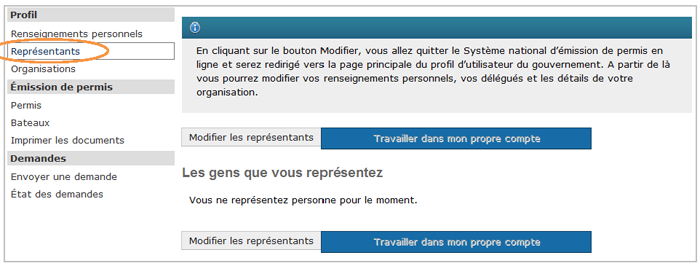 Cette image présente l'écran « Représentants », dans lequel l'hyperlien « Représentants » situé dans la partie gauche de l'écran est encerclé d'un trait orange