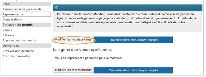Cette image présente l'écran « Représentants », dans lequel le bouton « Modifier les représentants » est encerclé d'un trait orange