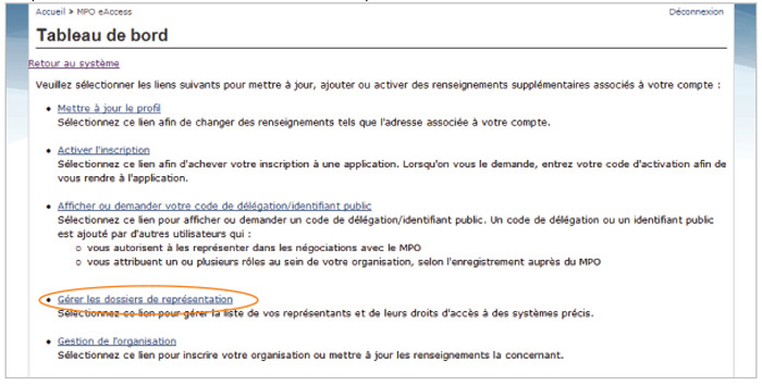 Cette image présente l'écran « Tableau de bord », dans lequel l'hyperlien « Gérer les dossiers de représentation » est encerclé d'un trait orange