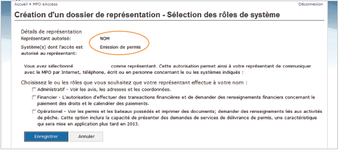 Cette image présente l'écran « Création d'un dossier de représentation – Sélection des rôles de système », dans lequel le champ « Détails de représentation » est encerclé d'un trait orange