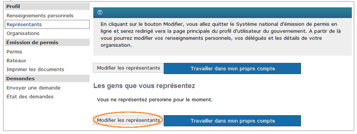 Cette image présente la section « Représentants », dans laquelle le bouton « Modifier les représentants » est encerclé d'un trait orange