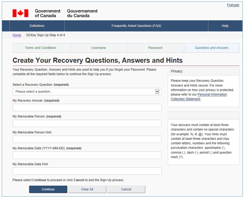 Screenshot - Create your recovery questions, answers and hints
