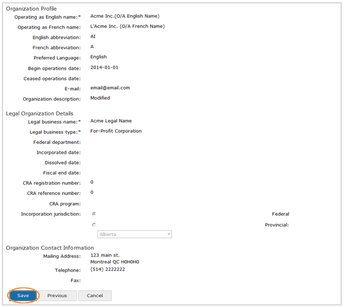 This is an image of the Organization Confirm Profile screen, where the Save button is circled in orange