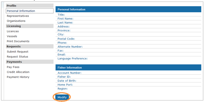 This is an image of the Profile screen, where the Modify button is circled in orange