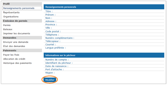 Cette image présente l'écran « Profil », dans lequel le bouton « Modifier » est encerclé d'un trait orange