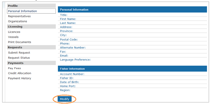 This is an image of the Profile screen, where the Modify button is circled in orange