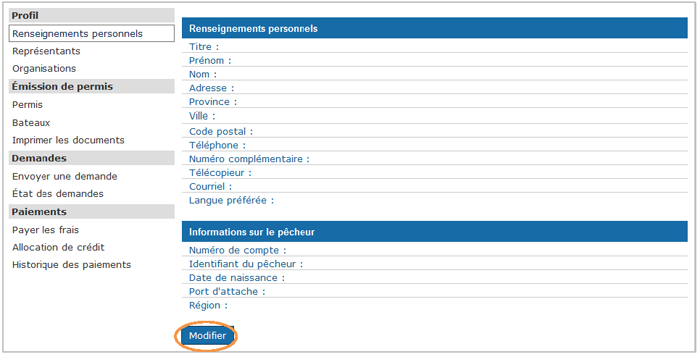 Cette image présente l'écran « Profil », dans lequel le bouton « Modifier » est encerclé d'un trait orange