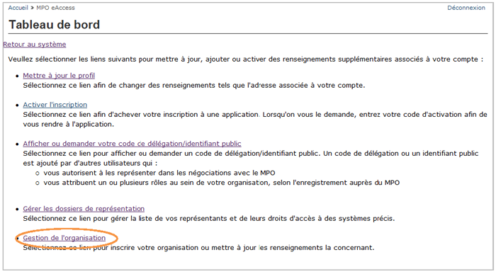 Cette image présente l'écran « Tableau de bord », dans lequel l'hyperlien « Gestion de l'organisation » est encerclé d'un trait orange
